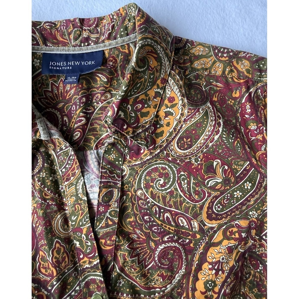 Jones New York Shirt Women XL Fall Colors Paisley Multicolor Cotton Boho V Neck - Picture 3 of 15